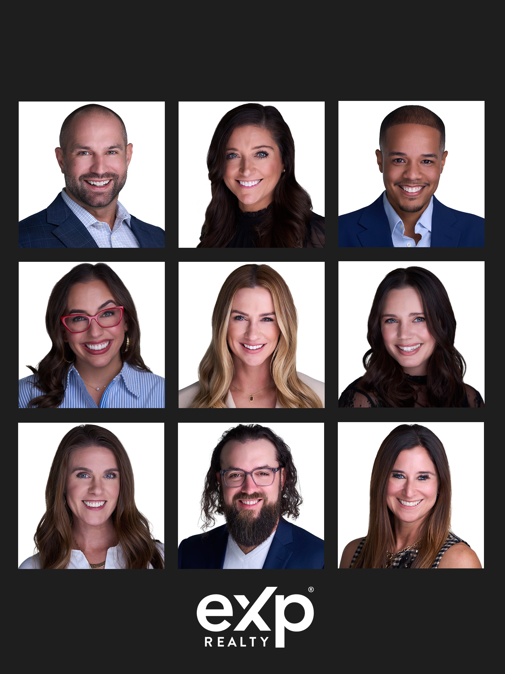 eXp Realty team headshot collage — 9 individual corporate headshots